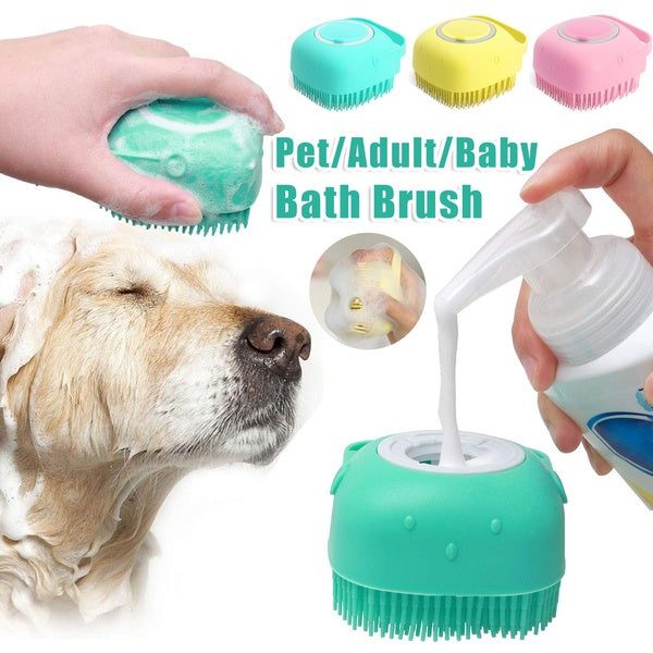 Dog bath brush for sensitive skin with soft silicone bristles
